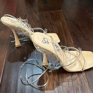 Lace Up Clear Neutral Open-toe Heels